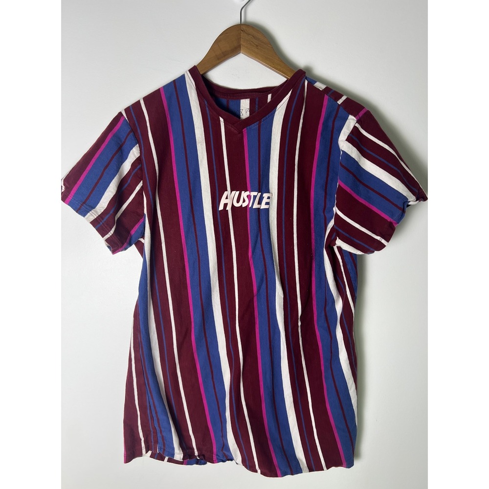 Vox Populi Hustle T-Shirt Mens XL Maroon Blue Vertical Stripe V-Neck Cotton Tee